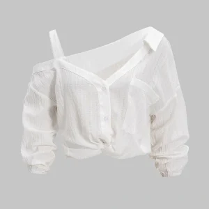 Textured V-Neck Long Sleeve Blouse